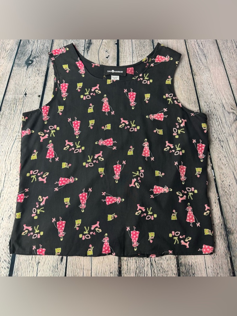 Sag Harbor Black 100% Silk Sleeveless Tank Top Pink Lime Novelty Print Size 14